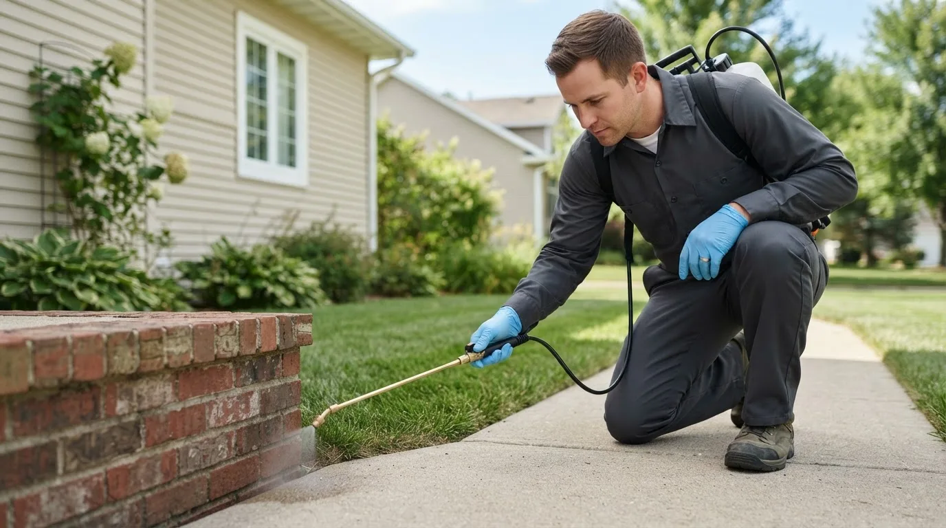 Pest control technician treating a home near Guntersville, AL